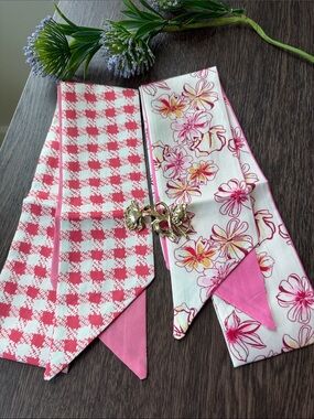 Pink Floral and Pink Check Scarf Set with Gold Flower Brooch